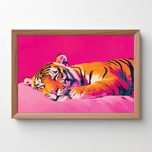 Cute Sleeping Tiger Art: Cute Tiger, Vivid Maximalist Painting, Tiger Print, Pink Dopamine Animal, Trendy Bedroom, Preppy, Download 333