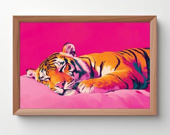 Cute Sleeping Tiger Art: Cute Tiger, Vivid Maximalist Painting, Tiger Print, Pink Dopamine Animal, Trendy Bedroom, Preppy, Download 333