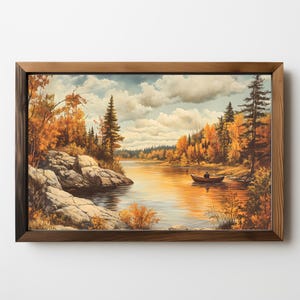 Herbst Vintage Gemälde: Stimmungsvolle Herbstlandschaft, Bauernhaus Dekor, Erdton Malerei, Rustikaler See, Download 430