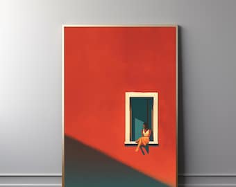May include: A framed art print featuring a person sitting in a window. The artwork has a minimalist style with a vibrant red wall and a teal shadow. The person is wearing a yellow dress.