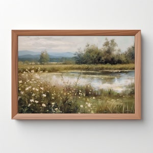 Spring Lake Wildflower Art: Landscape Painting, Spring Print, Vintage Farmhouse Print, Neutral Wall Art, Cottagecore, Digital Download 265