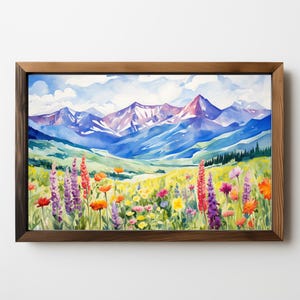 Mountains Wildflowers Landscape: Wall Art, Field Painting, Wildflowers Art, Cabin Decor Art, Farmhouse, Printable Wall Art, Downloadable 353
