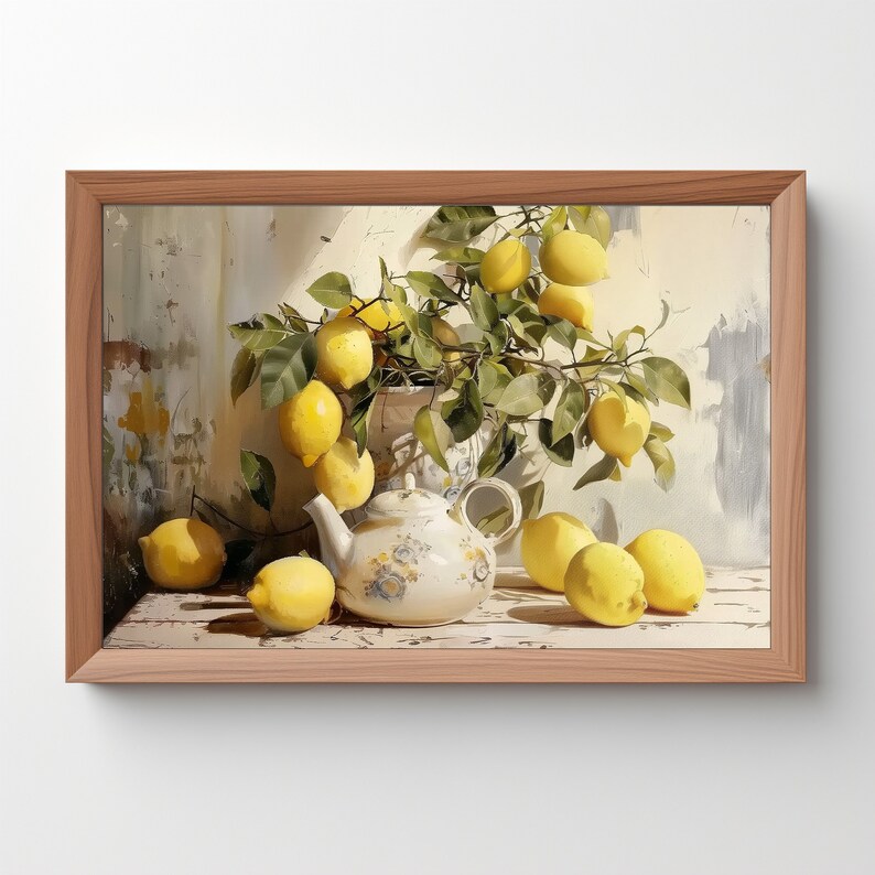 May include: A still life painting of a white teapot with blue and yellow floral designs, surrounded by lemons on a white wooden table. A lemon tree branch with green leaves and yellow lemons is in a white vase behind the teapot.