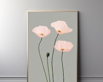 Pink Poppies Floral Print: Sage Green Cottagecore Wall Art (Digital Download) 536