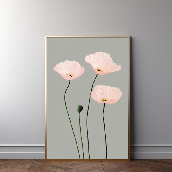 Pink Poppies Floral Print: Sage Green Cottagecore Wall Art (Digital Download) 536