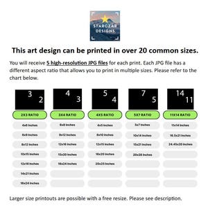 May include: Chart showing different aspect ratios and corresponding print sizes in inches for a digital art design. The ratios are 2x3, 3x4, 4x5, 5x7, and 11x14. The chart includes sizes from 4x6 inches to 24.45x20 inches.
