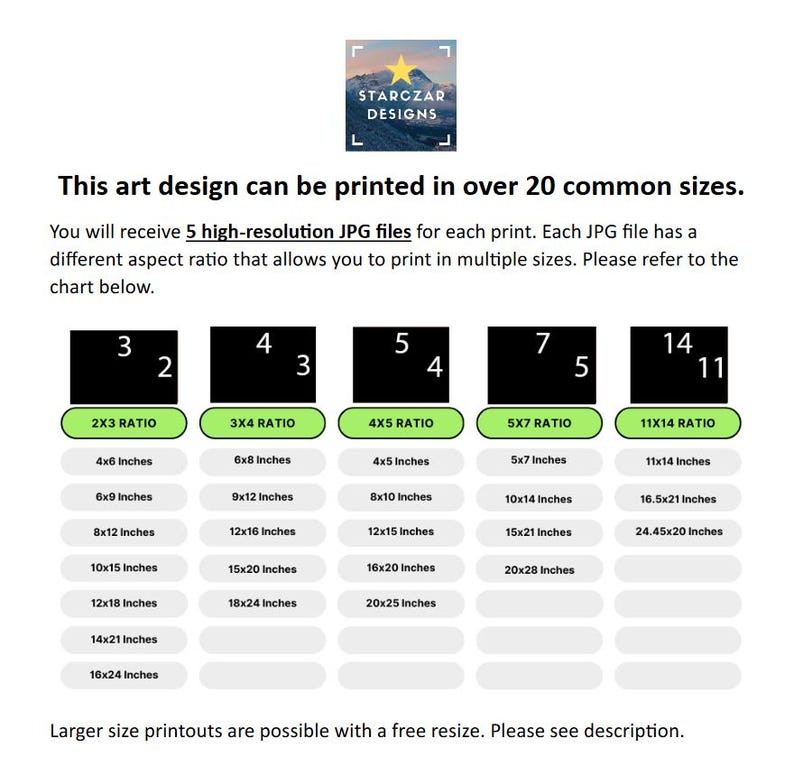 May include: Chart showing different aspect ratios and corresponding print sizes in inches for a digital art design. The ratios are 2x3, 3x4, 4x5, 5x7, and 11x14. The chart includes sizes from 4x6 inches to 24.45x20 inches.
