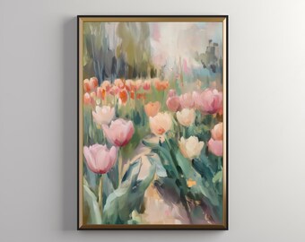 春の風景 水彩画 霧がかかるチューリップと不思議な花　値段は※900円です チューリップ畑の水彩画：春の花柄（デジタルダウンロード） - Etsy 日本