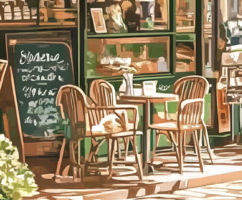 Vintage Coffee Shop: French Cafe Painting, Cafe Art Print, Cozy Coffee Shop, Spring Corner Shop, Coffee Poster, Printable, Download 529