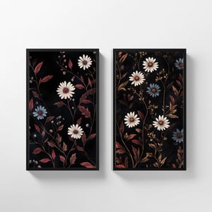 Conjunto de 2 impresiones florales oscuras: arte floral imprimible, arte mural de flores silvestres, pintura melancólica, botánico vintage negro, ilustraciones florales, descarga 441
