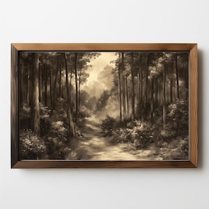 Antique Moody Charcoal Print: Brown Landscape, Watercolor Style, Brown Dark Art, Vintage Woods Sketch, Woodland Art, Moody, Download 364