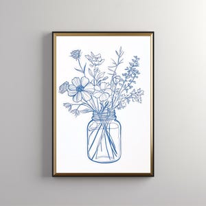 Arte botánico de flores azules: Estampado floral de ramo, flores azules, florero, dibujo moderno de líneas finas, mercado de flores, estilo bohemio, descarga 311