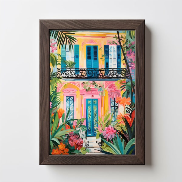 Färgglatt blommigt fasadkonsttryck: Maximalistisk botanisk illustration (digital nedladdning) 215