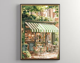 May include: A green and white striped awning covers a small shop with a glass storefront. The shop has a sign that says "Bienvenue" and a chalkboard menu. There are tables and chairs set up outside the shop, creating a charming outdoor cafe setting.