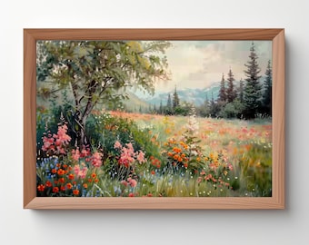 May include: A framed landscape painting depicting a vibrant meadow filled with wildflowers in shades of red, orange, pink, and blue. A tree and evergreen trees are visible. The artwork is encased in a light brown wooden frame.