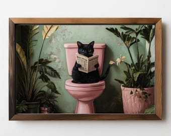 Funny Cat Bathroom Print: Black Kitty on Toilet (Digital Download) 383