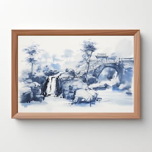 Blue Willow Landscape Painting: Watercolor Landscape, Vintage Landscape Painting, Antique Landscape, Chinoiserie Printable Art, Download 228