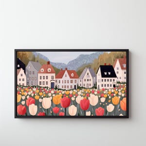 Cute Spring Village Art: Spring Village Art, Cute Spring Art, Spring Farmhouse Decor, Tulip Spring Town Canva, Bloom Print, Download 520