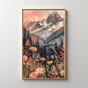Orange Pink Daisy Mountain Art: Wildflower Landscape Print, Spring Flowers Sunset Tones, Pink Orange Flower, Spring Floral, Download 266