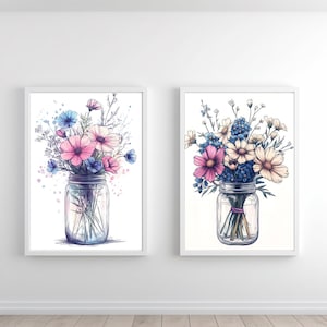 2-SET Mason Jar Bouquet Prints: Flowers Wall Art, Trendy Decor, Abstract Vintage Painting, English Garden, Floral, Cottage, Download 414