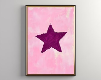 Pink Retro Star Print: Retro Star Poster, Pink Star, Hand Drawn Star Art, Trendy Aesthetic, Girly Preppy, Apartment Decor, Download 400