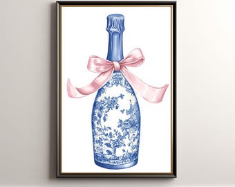 Lámina artística de Chinoiserie azul champán: Decoración de lazo rosa (descarga digital) 392