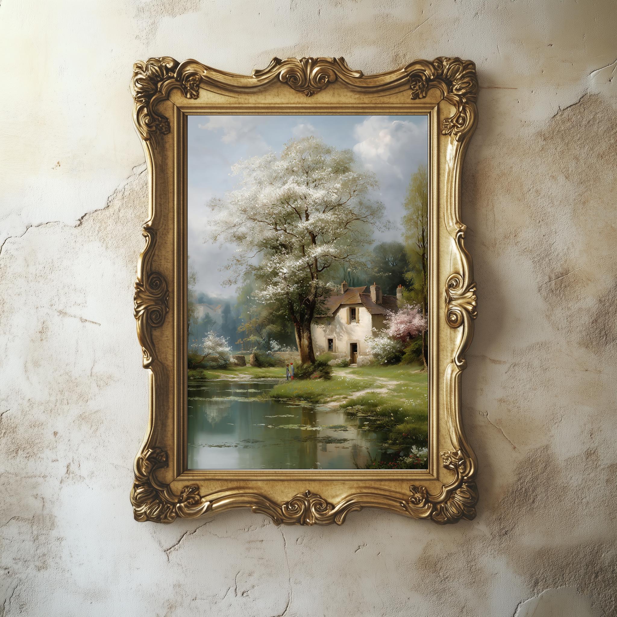 Vintage Spring Cottage Lake Art Print: Farmhouse Landscape (digital ...