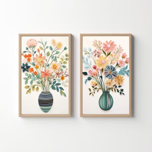 Conjunto de 2 impresiones de jarrones: Floral abstracto retro, Arte pastel danés, Decoración floral bonita, Botánico floral abstracto, Descarga 454
