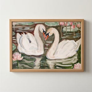 Swan Oil Painting Print: Vintage Swan Lake, Soft Printable Wall Art, Balletcore Print, Pink Green Decor, Swan Oil Painting, Download 249