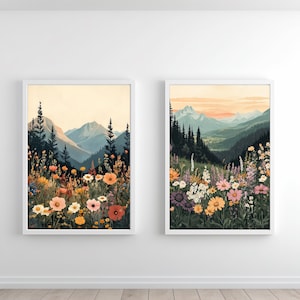 2 SET Orange Pink Daisy Mountain Wildflower: Landscape Wildflower Print, Sunset Tones, Mountain Pink Orange, Flower Art Print, Download 446