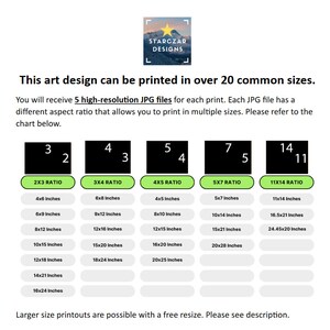 May include: Chart showing different aspect ratios and corresponding print sizes in inches for a digital art design. The ratios are 2x3, 3x4, 4x5, 5x7, and 11x14. The chart includes sizes from 4x6 inches to 24.45x20 inches.