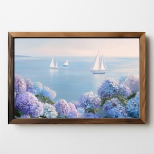 Sailboats & Hydrangeas Coastal Art Print: Beach Seascape (Digital Download) 587