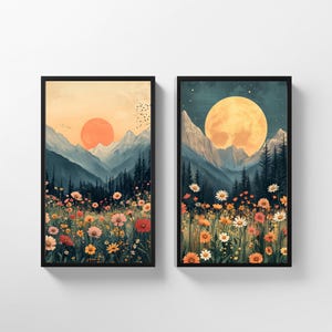2-SET Mountain Daisy Wildflower: Floral Landscape Print, Sunset Wildflowers, Orange Tones Mountain, Pink Orange Daisy Flower, Download 489