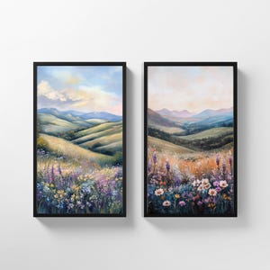 2-SET Pastel Wildflower Landscape: Vintage Wildflower Art, Farmhouse Landscape Art, Cottagecore, Peach Pink Nursery, Digital Download 472