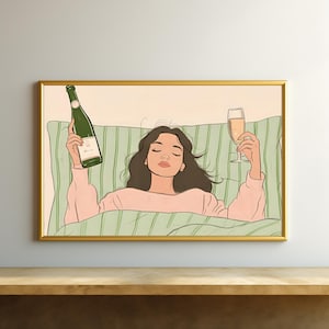 ベッドでワインを飲むトレンドアート：女性のワインアート、ベッドの上の緑のアート、トレンドの緑の寝室アート、バーカートの装飾、ワインを飲む女性、ダウンロード524