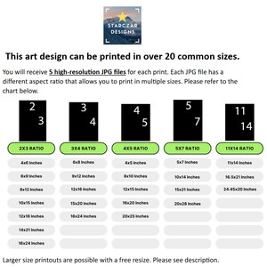 Puede incluir: Gr&aacute;fico que muestra diferentes proporciones para imprimir dise&ntilde;os de arte. El gr&aacute;fico muestra cinco proporciones diferentes: 2x3, 3x4, 4x5, 5x7 y 11x14. Cada proporci&oacute;n tiene una lista de tama&ntilde;os de impresi&oacute;n comunes en pulgadas.