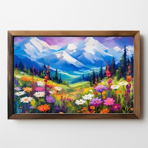 Mountains Wildflowers Landscape Art: Wildflowers Painting, Cabin Decor Art, Printable Wall Art, Mountain Landscape, Digital Download 408