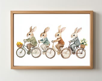 Vintage konijntjes op de fiets aquarel kinderkamerkunst (digitale download) 359