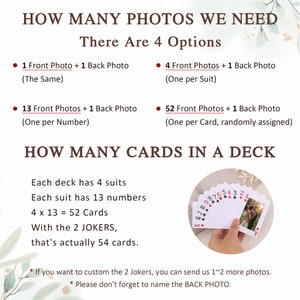 May include: A guide on how many photos are needed for a custom deck of cards. The guide explains that a standard deck has 52 cards, plus two jokers, for a total of 54 cards. The guide also explains that you can customize the jokers with 1-2 more photos. The image shows a hand holding a fan of playing cards.