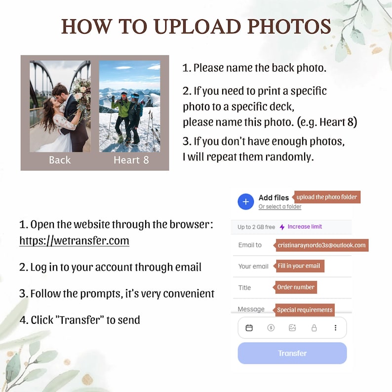 May include: Instructions on how to upload photos to a website. The website address is wetransfer.com. The instructions include naming the back photo, naming specific photos for a deck, and repeating photos randomly if there are not enough. The image also shows a form to upload files, enter an email address, and add a title and message.