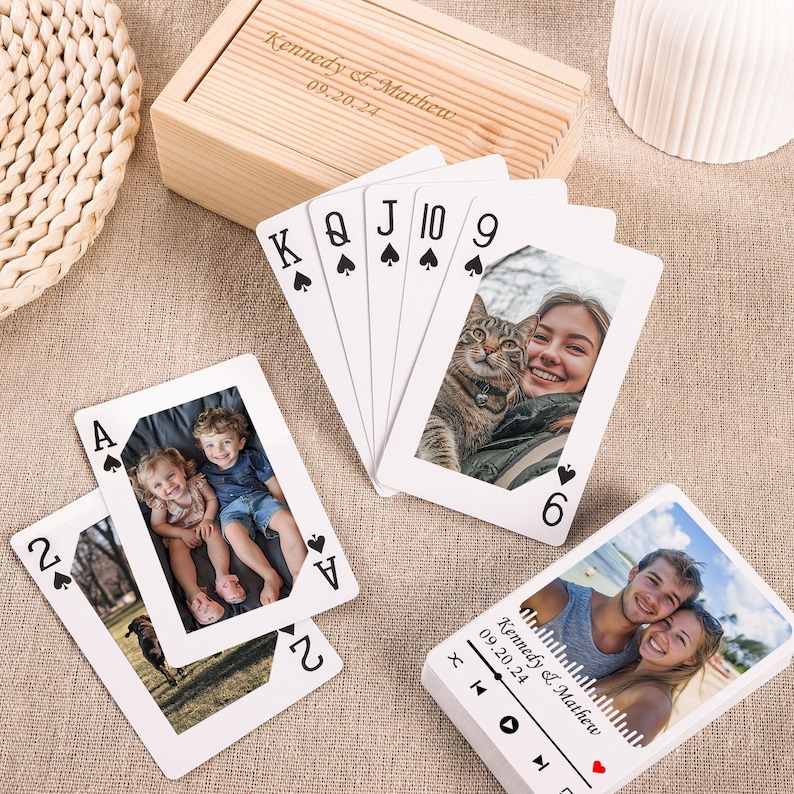 May include: A set of playing cards with photos of a couple and their family. The cards are decorated with a heart and the text "Kennedy & Mathew 09.20.24".