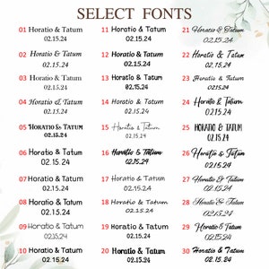 May include: A chart with 30 different font styles, each labeled with a number and the name "Horatio & Tatum" followed by a date. The chart is on a white background with a floral design.