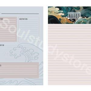 Könnte beinhalten: Eine Doppelseite eines Journals in Hellblau und Beige. Die linke Seite hat Abschnitte für Datum, Schrift, Beobachtungen, Anwendung und Gebet. Die rechte Seite zeigt liniertes Papier mit einem Wellendesign und dem Wort „NOTES“.
