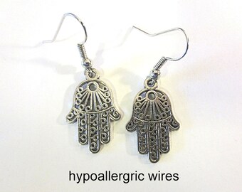 Filagree  Hamsa earrings Hand of Fatima jewelry STERLING SILVER PLATED charms