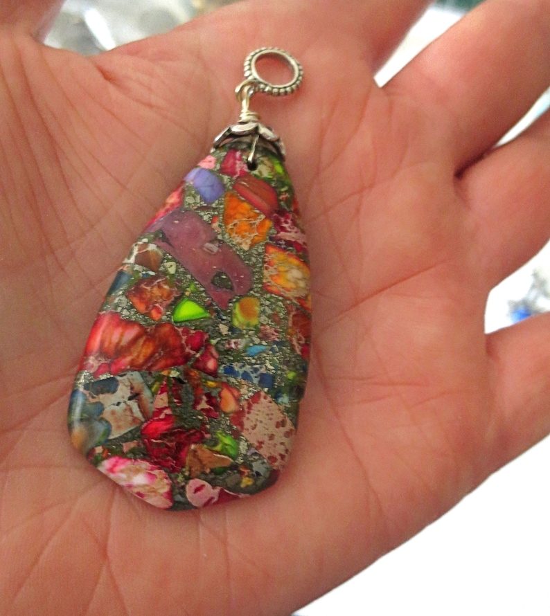 Gorgeous multi-colored sea sediment jasper gemstone long pendant all sterling silver double sided optional chain