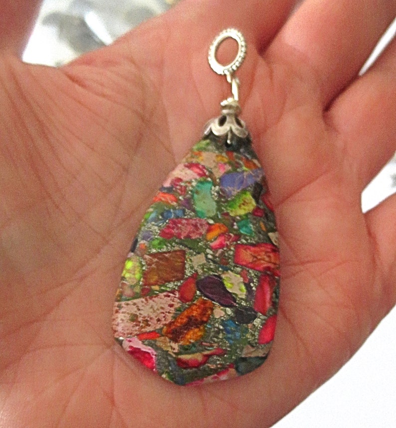 Gorgeous multi-colored sea sediment jasper gemstone long pendant all sterling silver double sided optional chain