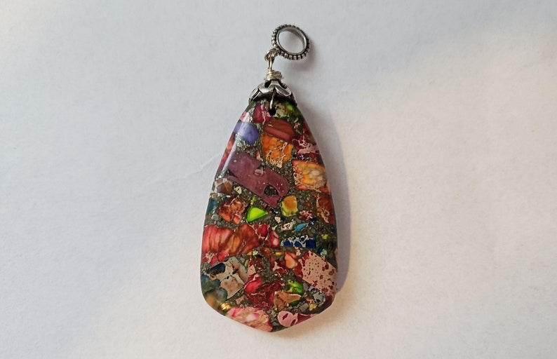 Gorgeous multi-colored sea sediment jasper gemstone long pendant all sterling silver double sided optional chain