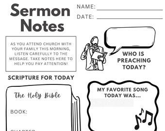 May include: Black and white sermon notes printable with the title "Sermon Notes" at the top. Includes prompts for scripture, notes, and a section for "Words I Heard But Didn't Know." Features a drawing of a preacher and a Bible.