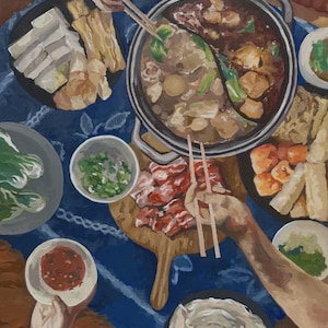 May include: An overhead view of a painting depicting a hot pot meal. The painting shows a pot of broth, various side dishes, and hands using chopsticks. The table is covered with a blue patterned tablecloth.