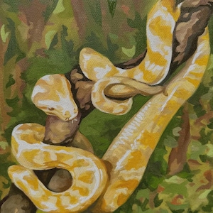May include: An oil painting of a yellow and white snake coiled around a brown tree branch. The snake's scales have a detailed pattern. The background is a mix of green and brown, suggesting a natural habitat. The artwork is a close-up view.